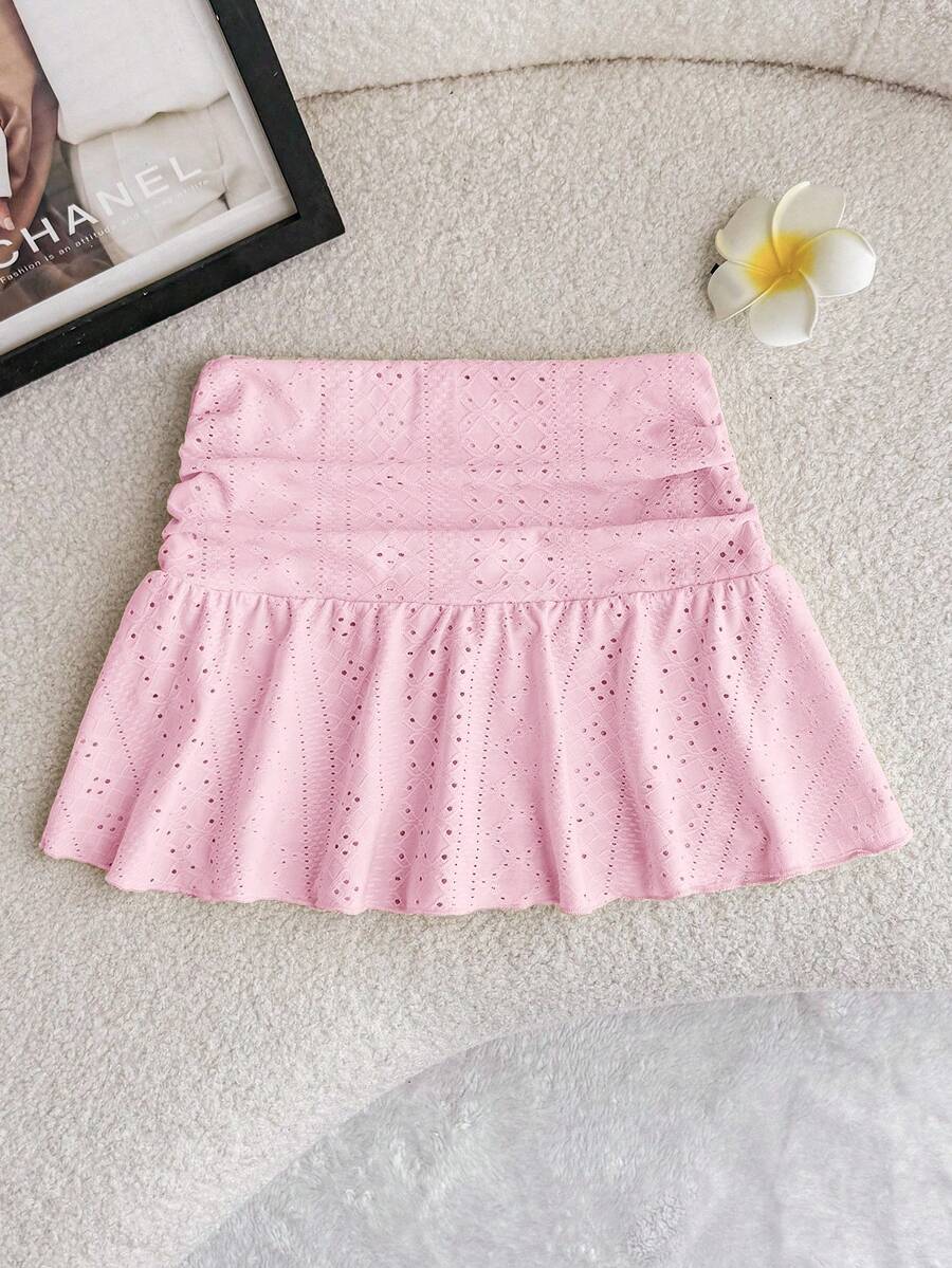 Tween Girls Knit Casual Vacation Versatile Hollow Textured Ruched A-Line Mini Skirt, Suitable For All Seasons - Baby Pink - View 1