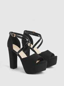 CUCCOO LuxiPop 性感鱼嘴露趾高跟鞋，女士黑色绒面厚底厚跟夜店凉鞋 - 黑色 - 查看 3