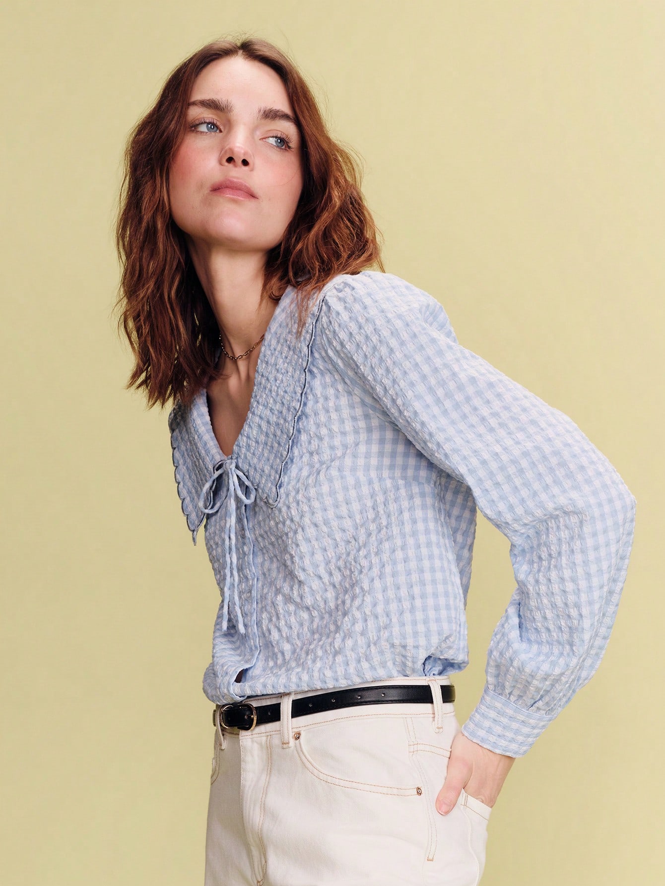 Gingham Shirt With Scallop Baby Doll Collar Spring Summer French Style Parisian Style Office Outfits Business Casual Top