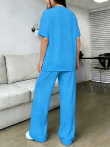 Conjunto informal de dos piezas, elegante traje bohemio de verano para mujer, de talla grande, con top holgado y pantalones anchos holgados. - Azul - Ver 2