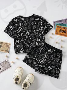 MONOPOLY X SHEIN 男婴全印花圆领短袖T恤和短裤休闲日常套装 - 黑色 - 查看 2