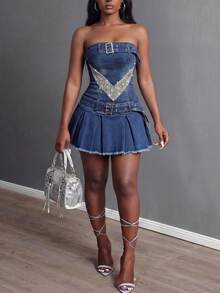 Slaydiva Women's Chain-Detail Outdoor Festival Vintage Wash Summer Tube Denim Dress - Blue - View 5