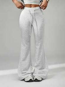 SHEIN PETITE 抽绳腰喇叭裤腿运动裤 - 淺灰色 - 查看 3