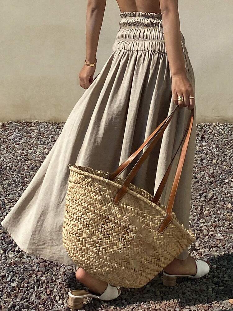 Beach Party Holiday Outfit Summer Tie-Waist Loose Solid Color Women Skirt