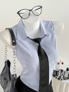 Comfortcana 1 pieza Blusa sin mangas tejida con corbata a juego Blusa sin mangas Tops preppy Ropa de trabajo para mujer Nuevos lanzamientos primavera/verano 2026 Conjuntos de verano de moda para mujer Atuendo de playa Salida Atuendos de vacaciones Blusa casual para mujer Estilo Y2K de los años 2000 Atuendos de verano para mujer Primavera Atuendos de primavera Ropa de primavera para mujer Vacaciones Ropa de fiesta de boda elegante Atuendos de vacaciones en la playa para mujer Casual, Día de San Valentín, Carnaval, Playa, Vacaciones, Ocio en casa, Calle, Universidad, Vintage americano Blusa casual - Azul - Ver 5