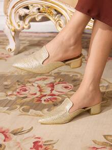 CUCCOO TILAWA Women's Pointed Toe Gold Rhinestone Decor Fashion Open Heel High Heel Sandals - Gold - View 7