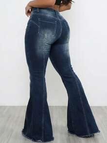 SHEIN Tall Women's High Waist Pocket Rivet Design Casual Flare Leg Jeans - Dark Wash - View 4