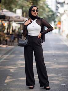 Calvaya Women White Halter-Neck Top With Black Trim. Beachwear, Suitable For Autumn Winter Wear, Office Casual Wear, Versatile,Christmas,New Year, Versatile And Stylish Everyday Casual Wear, Urban Teacher's Professional Attire - Black and White - View 3