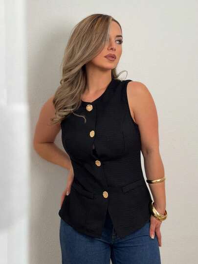 Jeta Ari 时尚无袖收腰黑色夹克，金色纽扣装饰，百搭日常穿着，春夏