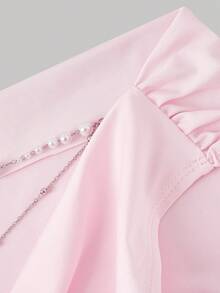 SHEIN MOD Plunging Neck Backless Faux Pearl Chain Fitted Draped Sleeveless Top - Pink - View 5