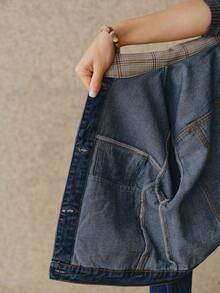 Anewsta 女士春夏时尚优雅拼接格子浪漫派对休闲度假蓝色长袖外套上衣牛仔裤 - 藍色 - 查看 8