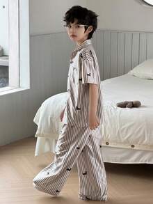 Dazy Kids Tween Boy Striped Puppy Print Single-Breasted Short Sleeve Top And Wide Leg Pants Casual Loungewear Pajama Set - Apricot - View 2