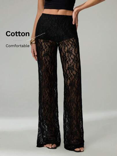 SHEIN Tall Women's Solid Color Lace See-Through Trousers, With Pure Cotton Lining, Comfortable And Breathable.