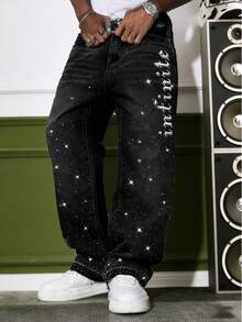 GALLERY FADE Jeans de pierna ancha con estampado de rhinestones para hombre - Negro - Ver 1