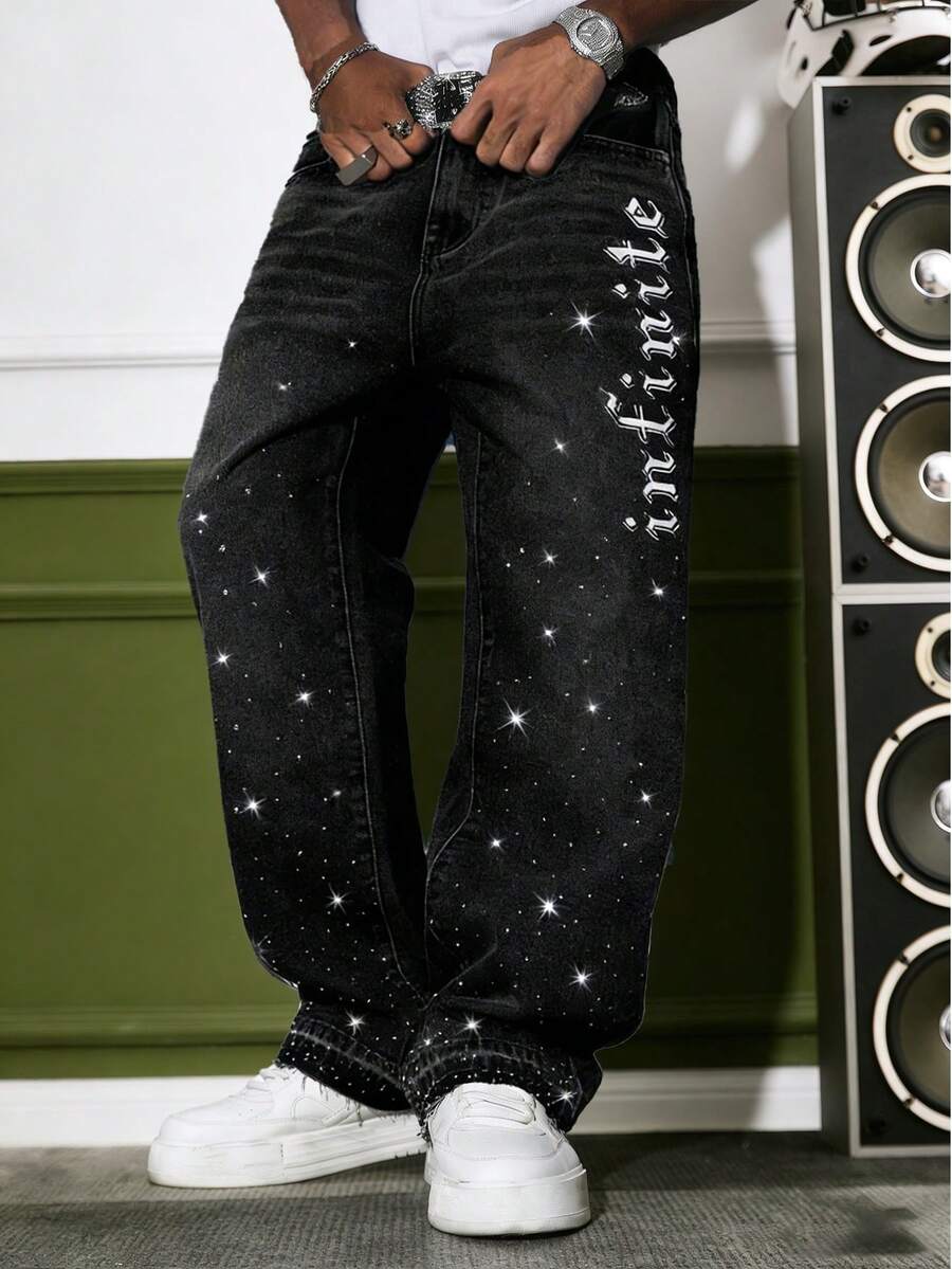 GALLERY FADE Jeans de pierna ancha con estampado de rhinestones para hombre - Negro - Ver 1