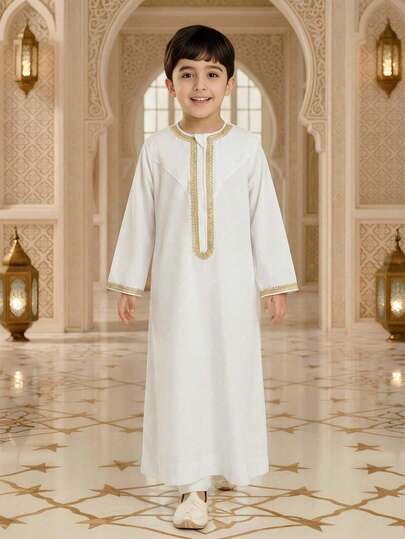Tween Boy Gold Border Patchwork Casual White Robe Shirt, Can Be Paired With Pants Pakistani Clothes For Kids Thobe For Boys Kids Muslim Clothes Thobes For Kid Boys Kids Abaya Boys Thobe Childrens Jubba