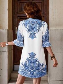 Solivie 女士中袖印花情人节春夏连衣裙，情人节套装 - 藍白色 - 查看 2