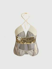 ROMWE Spring/Summer Y2K Music Festival Outfit, Sequin Patchwork Deep V Spaghetti Strap Crop Top And Sequin Mini Skirt 2 Pieces Set - Gold - View 8