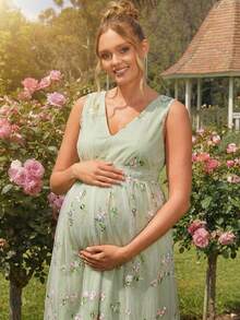 Loomaby 孕妇V领花卉刺绣网纱时尚派对无袖连衣裙 - 綠色 - 查看 3