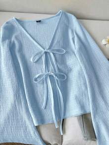 SHEIN LUNE Women's Casual Tie Cuff Flare Sleeve Top Baby Blue Tops Baby Blue Top Women Light Blue Top Blue Top Light Blue Blouse - Baby Blue - View 4