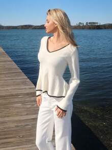 Sydney Algeri 性感修身时尚女式撞色滚边长袖收腰针织上衣 - 彩色 - 查看 3