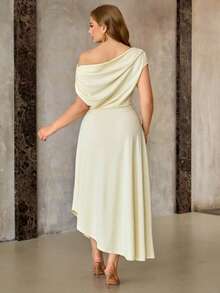 Roveilla 大码休闲优雅不对称肩部不对称下摆度假连衣裙，春夏款 - 黃色 - 查看 3