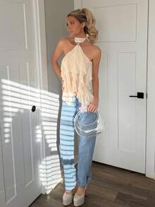 Sydney Algeri 女士优雅多层荷叶边立领修身背心 - 米色 - 查看 5