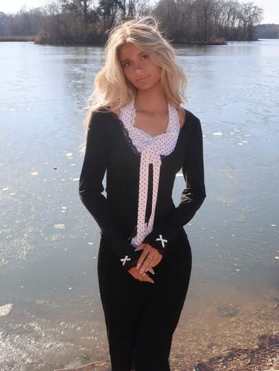 Sydney Algeri Women's Contrast Color Bow Tie Neck Lace Patchwork Long Sleeve T-Shirt