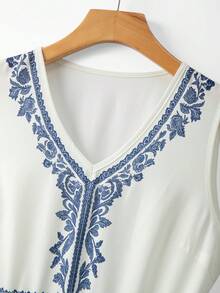 Lyxana Đầm nữ kiểu dáng thanh lịch, cổ tròn, không tay, eo xếp ly, in họa tiết vintage, thích hợp cho mùa xuân/hè. - Màu be - Xem 5