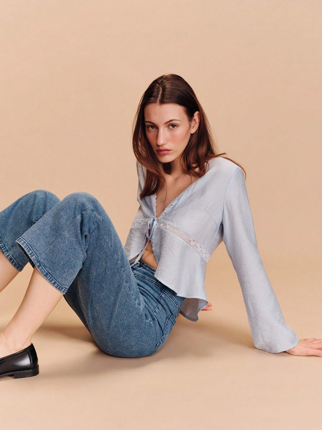 Sky Blue Tie Front Blouse With Lace Inset Details Boho Cute Spring Summer Vacation French Style Parisian Style