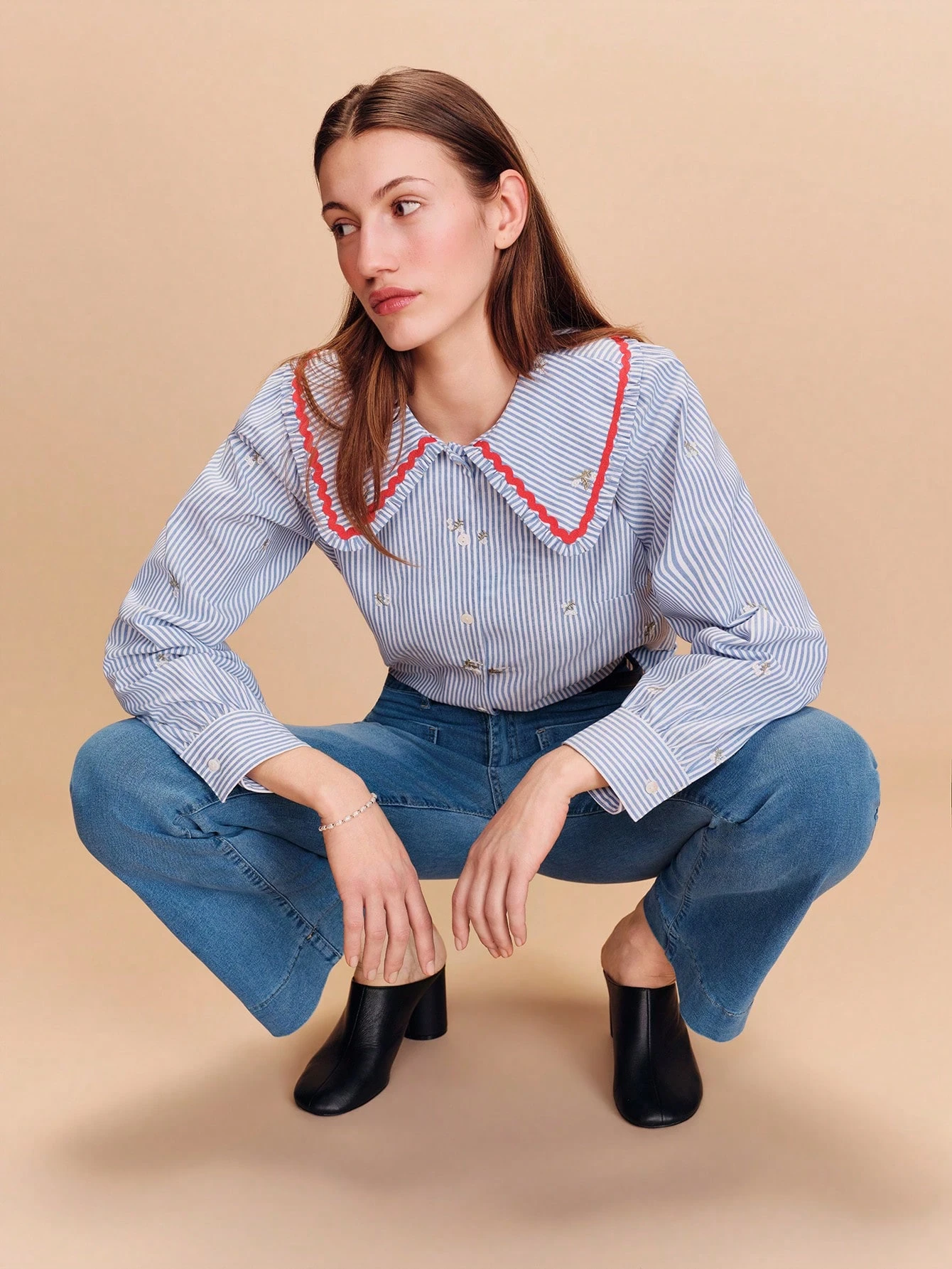 Blue Embroidered Shirt With An Oversized Collar And Contrasting Red Lace Trim Spring Summer French Style Parisian Style Business Casual
