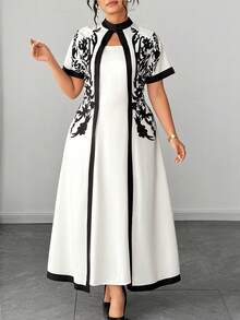 Elenzga Đầm hoa in họa tiết, thanh lịch, kiểu Pháp cổ điển, thắt eo, thích hợp cho kỳ nghỉ, thường ngày. - Màu be - Xem 7