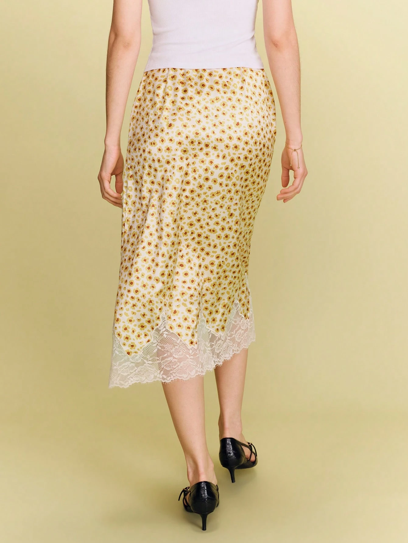 Midi-Slip-Rock mit Blume Muster und Spitzensaum, französischer Frühlings-/Sommerstil, Pariser Stil