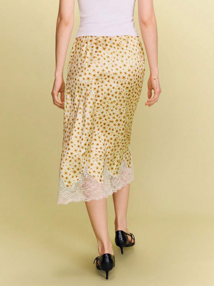 Butter Yellow Midi Slip Skirt With Floral Print And Lace Hem Spring Summer French Style Parisian Style Yellow Ditsy Skirt Yellow Satin Skirt Going Out Outfit