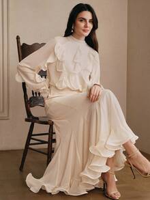 Đầm dự tiệc mùa hè mới của Anewsta, kiểu dáng lãng mạn, cổ chữ V, chất liệu chiffon, tay dài, xếp ly, phối họa tiết, dáng xòe, chất liệu patchwork, dành cho nữ. - Màu be - Xem 5
