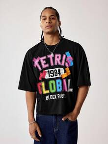 Tetris™ X SHEIN Men's Round Neck Letter & Number Print Casual Versatile Daily Wear Short Sleeve T-Shirt - Black - View 6
