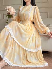 DAZY Women's Tie-Dye Fabric Mandarin Collar Lace Patchwork Shirt And Long Skirt 2-Piece Vacation Set - Light Yellow - View 1
