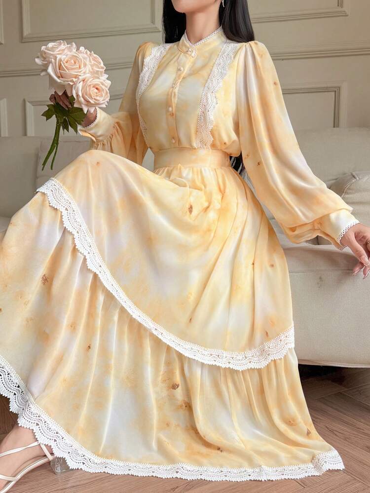 Women's Tie-Dye Fabric Mandarin Collar Lace Patchwork Shirt And Long Skirt 2-Piece Vacation Set