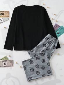 MONOPOLY X SHEIN Tween Boy Letter & Cartoon Print Crew Neck Loungewear Set With Pants, Casual Daily Sleepwear - Black - View 2