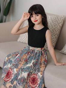 SHEIN 2件套女童夏季新款印花半身裙+黑色无袖上衣套装，休闲百搭，适合旅行、海滩、日常穿着 - 黑與白 - 查看 10