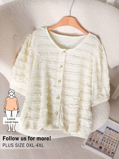 CosyJoli Plus Size Women's Round Neck Open Front Textured Striped Short Sleeve T-Shirt, Black & White Striped Fabric, Comfortable & Fashionable Casual Summer Tops Women Short Sleeve Cardigan Summer Cardigan