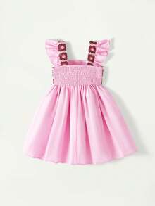 Maija Kids 1 chiếc đầm không tay màu hồng phối lưới, kiểu dáng thanh lịch, thoải mái, dễ thương, nhiều màu sắc, họa tiết hoa móc, thích hợp mặc hàng ngày, đi học, dã ngoại, họp mặt, lễ hội, mùa xuân và mùa hè. - Hồng - Xem 3