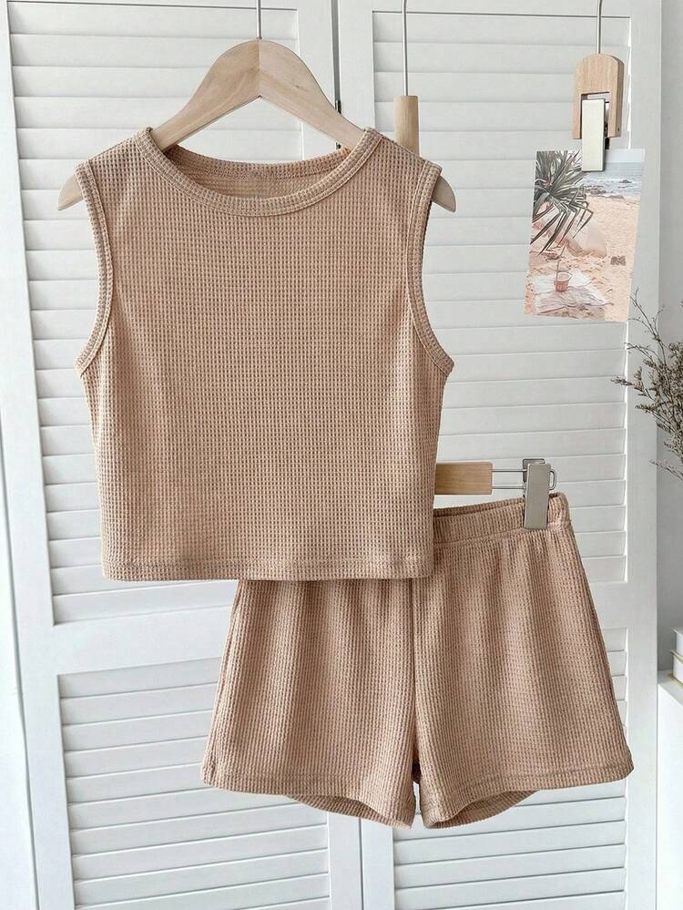 SHEIN Bộ đồ cho bé gái tuổi teen: Áo tank top không tay cổ tròn, chất liệu vải dệt, dáng rộng, tối giản, thoải mái và quần short. - Màu Khaki - Xem 1