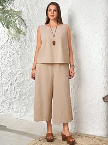 Rosumi Conjunto de 2 piezas de talla grande para mujer con top sin mangas de cuello redondo y pantalones capri con bolsillos, color caqui - Caqui - Ver 3