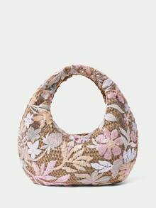 SHECARRY Túi xách và túi đeo vai bằng rơm trang trí hoa văn đính sequin ngẫu nhiên dành cho nữ, túi sequin lấp lánh thanh lịch. - Hồng - Xem 3