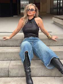 Jeta Ari 女式休闲水洗阔腿七分裤 - 中等水洗藍 - 查看 6