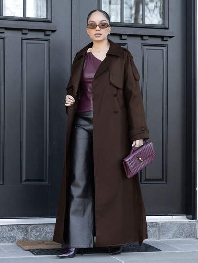 Melissa Matos 女式纯色翻领插肩袖口袋系带休闲通勤风衣，秋季