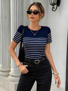 Pariaura Striped Print Backless Bow Decor Women T-Shirt - Blue - View 3