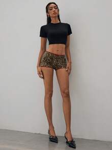 Aloruh Quần short cạp thấp họa tiết da báo viền ren tương phản cho nữ - Nhiều màu - Xem 5