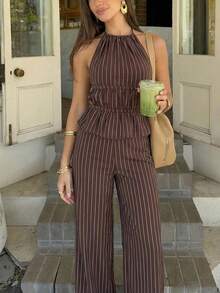 Firerie Bộ đồ 2 mảnh màu nâu dành cho nữ, thanh lịch, thường ngày, gợi cảm, thích hợp cho kỳ nghỉ, lễ hội âm nhạc, tiệc tùng. Bộ gồm áo hai dây buộc cổ sau lưng kẻ sọc và quần dài cạp cao. - màu nâu - Xem 1